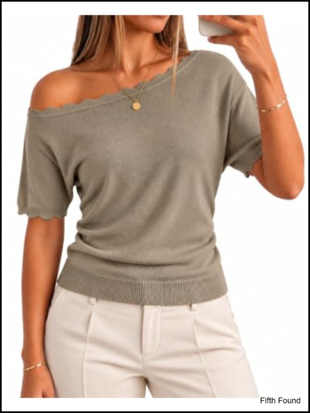 Off Shoulder Knit Sweater Top Short Sleeve Cinched Waist